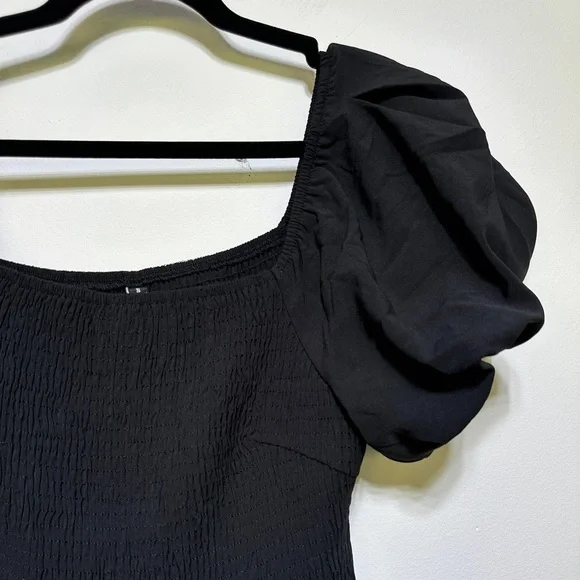 Black Puff Sleeve Tiered Midi Dress Square Neck Flowy Romantic Size L - Picture 3 of 5